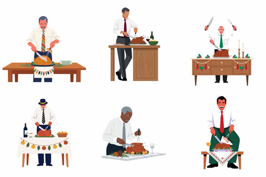 Collection of diverse men carving roasted turkeys on festive tables, illustrating Thanksgiving and Christmas holiday traditions and family dinner preparations.