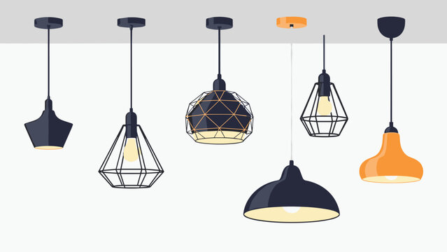 Elegant collection of modern ceiling pendant lamp designs in various geometric shapes, colors, and materials for interior lighting.
