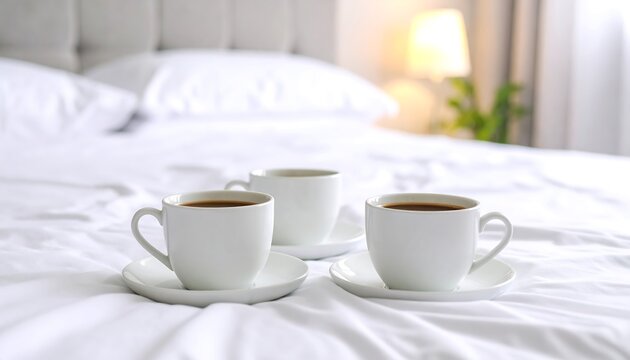 Three mugs filled with coffee rest on saucers atop a rumpled white bedspread, with a headboard and lamp blurred in the background