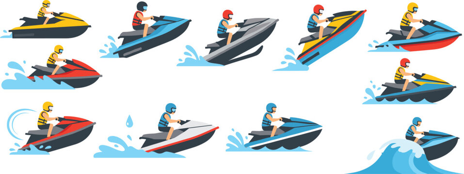 Jet Ski Vector Collection with Riders on Personal Watercraft in Motion Splashing Water for Watersports Adventure and Extreme Sports Illustrations