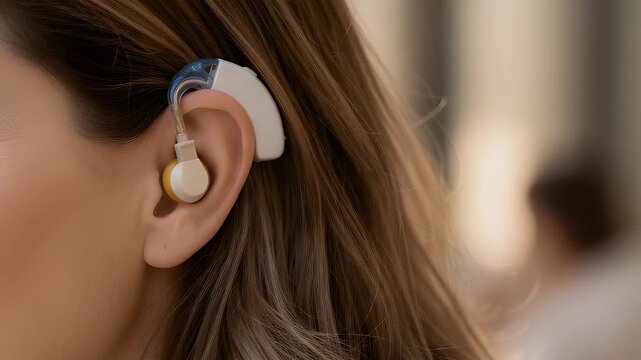 Close up of a woman's ear wearing a modern digital hearing aid device for improved sound clarity