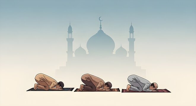 Three Muslim men praying in sujood position on prayer mats with mosque silhouette background
