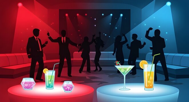 Silhouettes of People Dancing in a Red and Blue Lit Nightclub with Cocktails