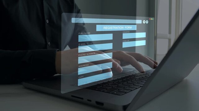 Business person filling out a form with personal data online. Personal data information management. Digital online employee form. Human resource concept.	
