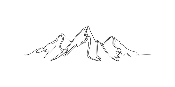 Continuous line drawing of a mountain range in a simple style on white background