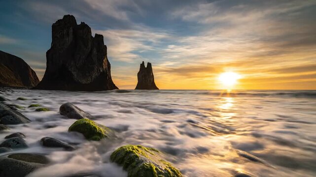 Golden sunset over dramatic sea stacks and rocky shore with waves in motion. Scenic coastal landscape with long exposure, vibrant sky, and tranquil ocean atmosphere.