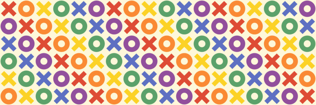 Rainbow XOXO hugs and kisses seamless vector pattern, Colorful LGBTQ pride geometric background with cross and circle symbols