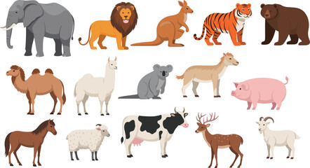 Fototapeta premium Wild and Farm Animal Vector Collection with Elephant Lion Tiger Kangaroo Bear Cow Pig Sheep Horse Goat and Exotic Animals