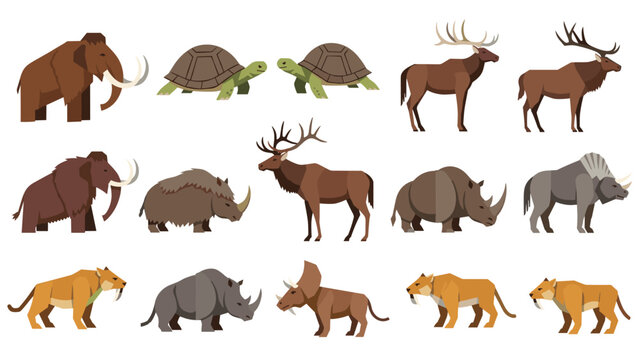 Collection of various prehistoric animals including mammoths, woolly rhinoceroses, saber-toothed cats, and giant tortoises in a flat style.