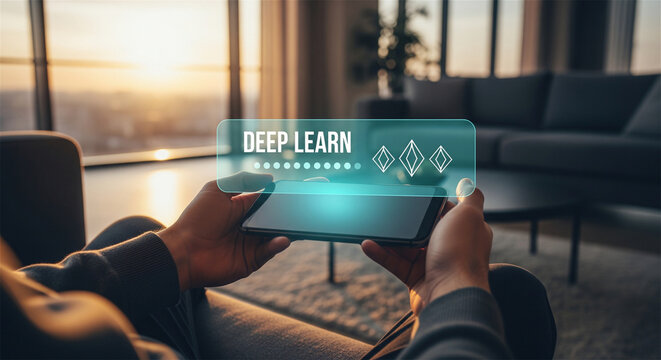 Person using tablet with deep learning interface in modern living room sunset