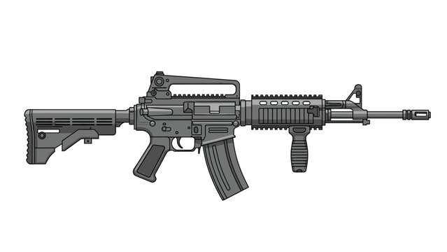 Detailed vector illustration of a modern military assault rifle featuring tactical attachments, a scope, and a vertical foregrip.
