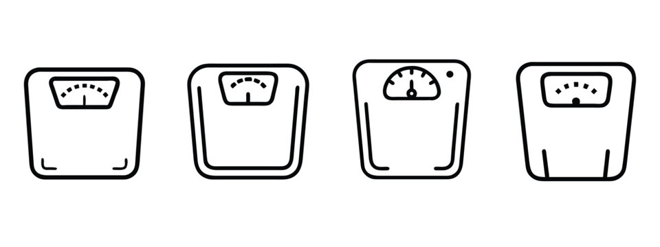 Weighing scale and body mass web line icons set analog weight scale bathroom floor scale fitness weighing tool mechanical scale body mass measurement & more vector illustration with editable stroke