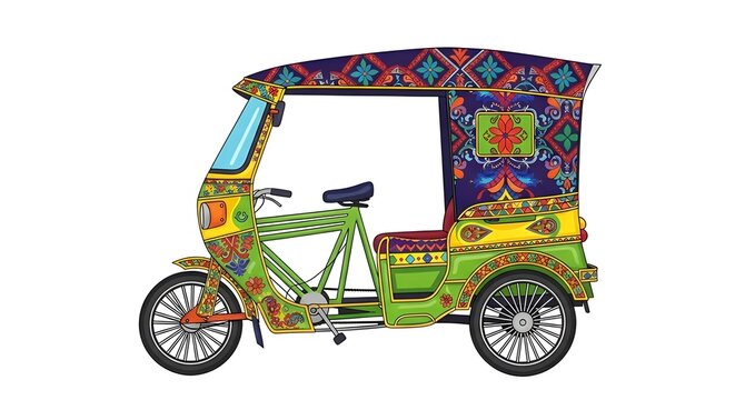 Colorful Decorated Pakistani Rickshaw Tricycle Side View Isolated