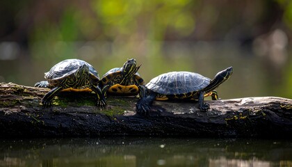 Obraz premium Three turtles sun themselves on a weathered log in a blurred, tranquil body of water under dappled sunlight