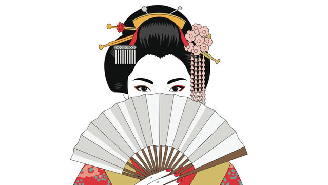 Traditional Japanese geisha with ornate hair accessories hiding the lower half of her face behind a beautiful white folding fan.