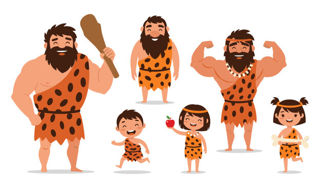 Group of cartoon prehistoric cavemen characters including men, women, and children wearing spotted animal skins and holding clubs.