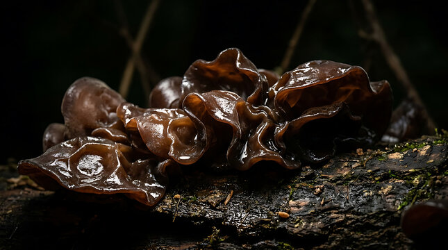 Dark brown wood ear fungi cluster on decaying wood in a forest. Edible jelly ear mushrooms in natural habitat, close-up.