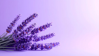 Obraz premium Sprig of vibrant purple lavender flowers resting on a soft pastel lilac background, natural beauty and aromatherapy concept