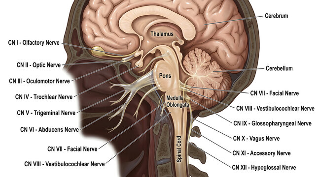 Sagittal anatomical illustration of the human brainstem and cranial nerves showing origins of CN I&ndash;XII emerging from cerebrum, midbrain, pons and medulla with labels for olfactory, optic, facial, vagu