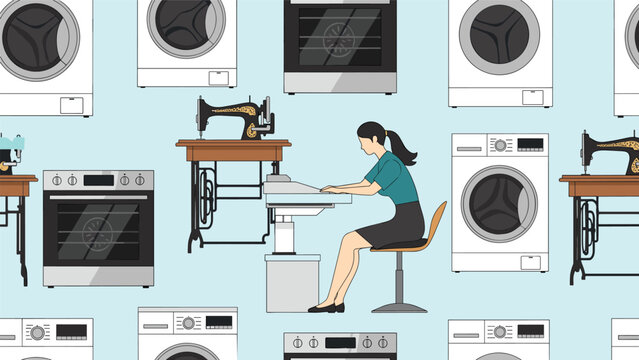 Seamless pattern background featuring a woman diligently working at a vintage sewing machine among various modern home appliances.