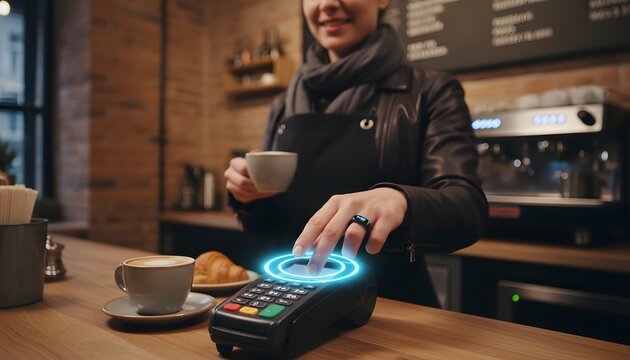 A woman uses a smart ring for contactless payment at a coffee shop with coffee and pastries