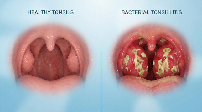 Healthy Tonsils vs Bacterial Tonsillitis Infection Medical Illustration