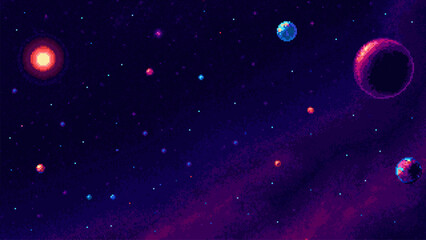 Pixel art galaxy with stars and planets. Outer space background with cosmic nebula. Sci-fi digital illustration of universe exploration, retro gaming aesthetic and starry night sky scene. © hiten666