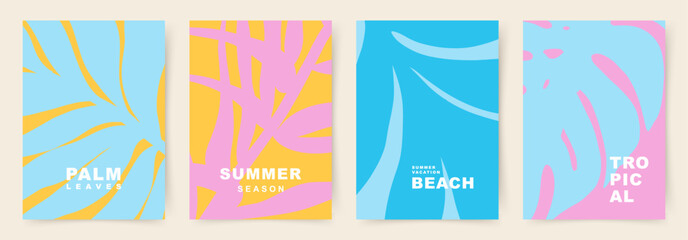 Summer bright cards set with abstract shapes and tropical leaves. Theme of Vacation, Travel, Beach. Trendy vector designs for branding, advertising, printing, banner, cover, decoration, sales © Feodora_21