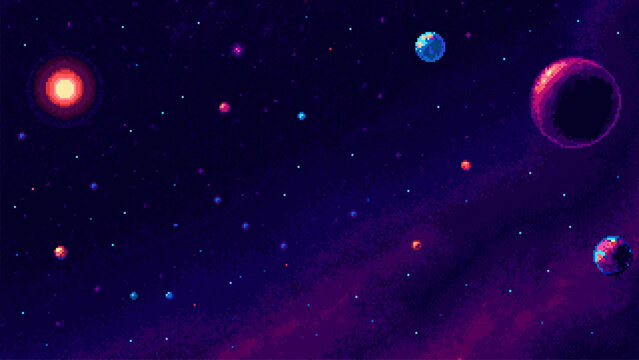Pixel art galaxy with stars and planets. Outer space background with cosmic nebula. Sci-fi digital illustration of universe exploration, retro gaming aesthetic and starry night sky scene.