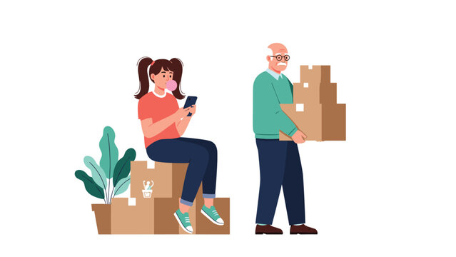 Illustration highlighting different generations with a girl focused on her phone while an old man carries a heavy pile of boxes.