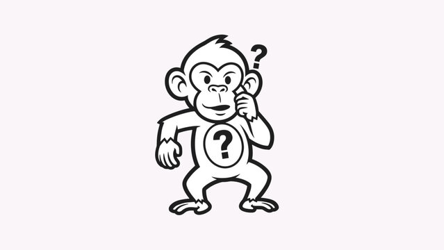 Humorous line art illustration of a thoughtful monkey with a question mark on its stomach scratching its head in confusion.