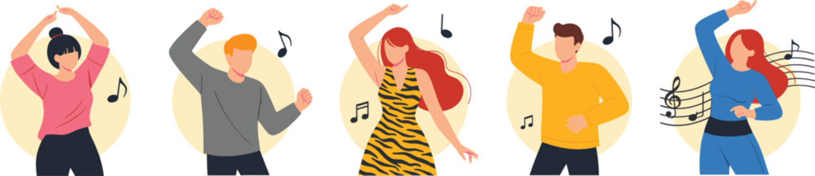 Dancing People Vector Collection with Music Notes Characters in Motion for Party Lifestyle Entertainment and Celebration Illustrations