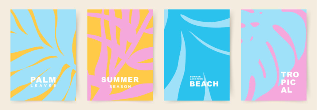 Summer bright cards set with abstract shapes and tropical leaves. Theme of Vacation, Travel, Beach. Trendy vector designs for branding, advertising, printing, banner, cover, decoration, sales