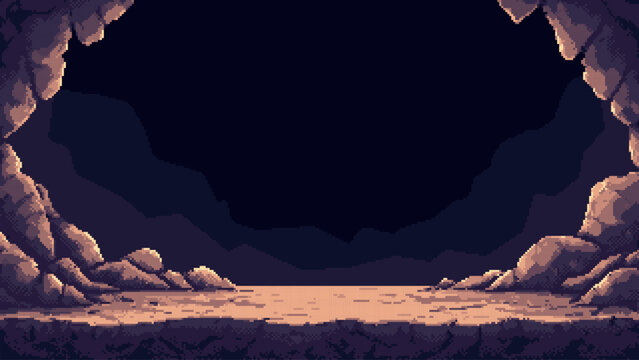 Pixel art vector landscape representing a dark cave entrance. Retro game background with rocky walls and shadowy tunnel. Adventure exploration theme for 2D gaming environment design.