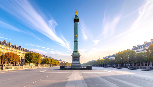 Tall historic monument column with statue at summit, grand Parisian avenue lined with classical buildings and trees under a wide blue sky with wispy clouds