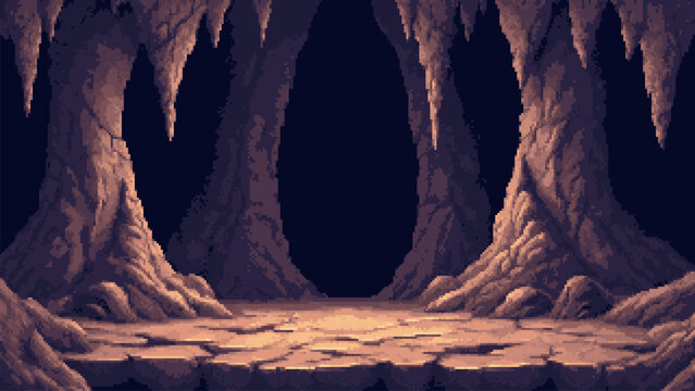 Pixel art cave entrance with stalactites and rocky interior ground. Fantasy game background for side scrolling adventure. Retro 8 bit style landscape design for digital environment.