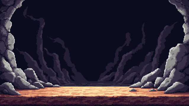 Pixel art cave entrance with rocky cavern walls and dark tunnel background. Retro 2D side scrolling video game environmental design. Fantasy underground world for adventure gaming.