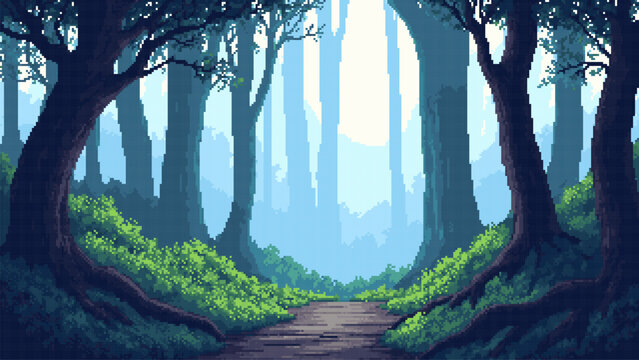 Pixel art forest path leading through misty trees. Retro video game background with lush green vegetation and light shine. Digital landscape illustration of a mysterious wild grove.