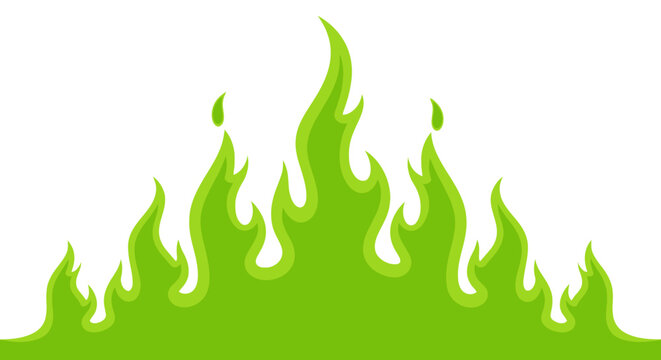 Green fire flames vector illustration, stylized toxic chemical fire border, neon lime green flame silhouette isolated on white background