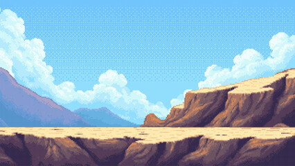 Naklejka premium Pixel art landscape with desert mountains and blue sky with clouds. Background for video game level design. Retro 8 bit style scenery featuring cliffs and vast terrain for adventure game.