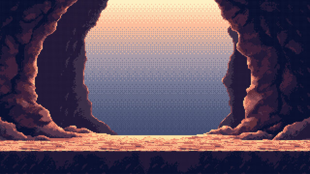 Pixel art vector landscape showing an opening of a mysterious stone cave looking out onto a golden sunset sky. Concept of adventure games, exploration and fantasy world background.