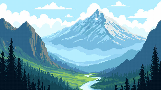 Pixel art landscape of snowy mountain peak and pine forest valley. Digital vector illustration of scenic nature view with meandering river. Retro video game background concept design.