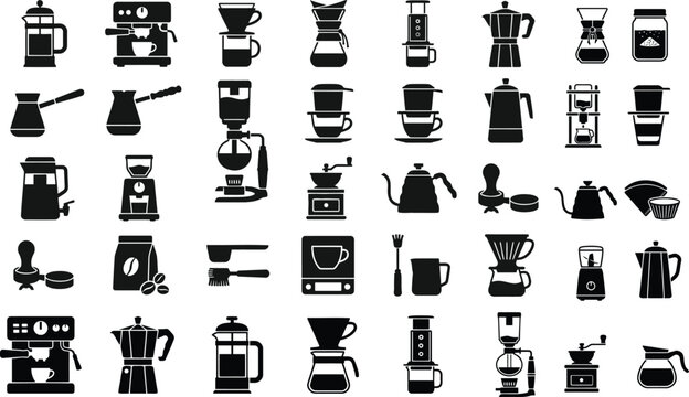 Collection of black and white icons representing various coffee brewing methods and equipment