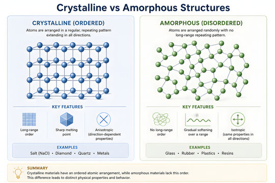 Crystalline vs Amorphous Structures Illustration: A visual representation contrasting ordered crystalline structures with disordered amorphous ones, highlighting key features and examples of each.