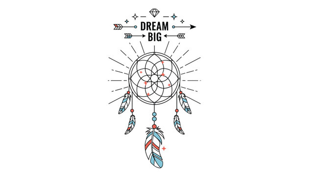 Artistic dreamcatcher illustration featuring feathers and arrows with the motivational text dream big in a modern ethnic style.