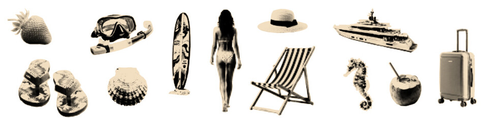Obraz premium Summer halftone cut outs set. Summer vacation collage elemets.