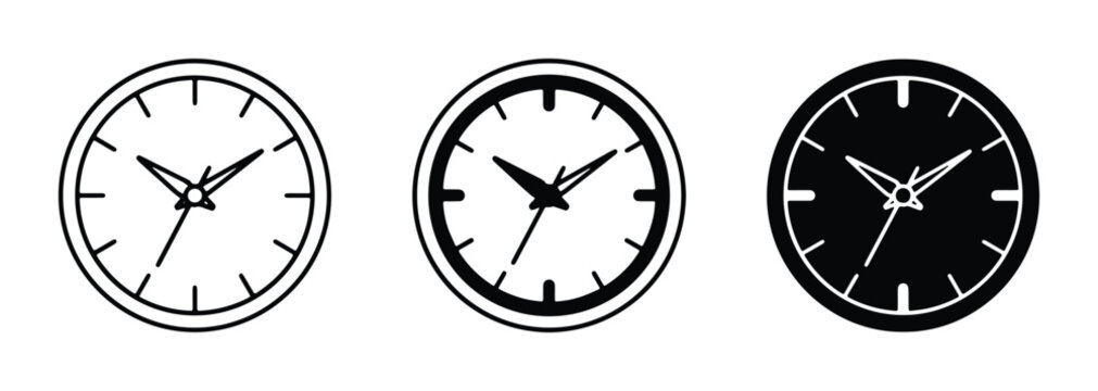 Minimalist black and white clock icons on transparent background