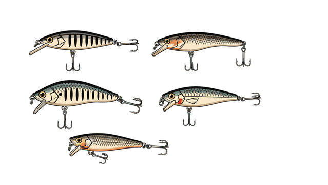 Selection of various professional fishing lures with different colors and patterns designed for catching predatory fish.
