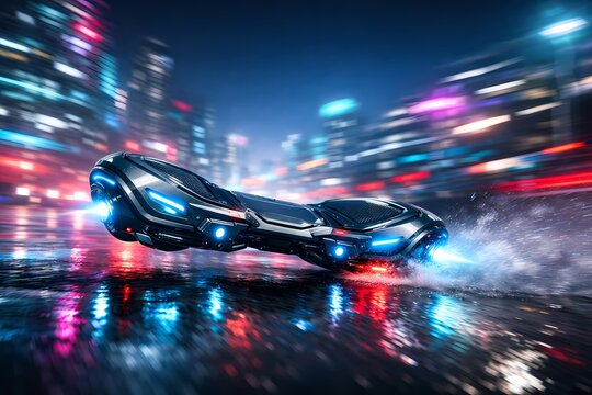 This intense digital artwork depicts a futuristic hovercar speeding through a neon city suitable for futuristic aesthetics blogs advanced technology articles and sci fi transport designs.