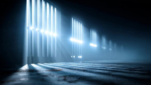 Light shining through prison bars creates digital ai vision of justice with shadows and light beams dark space confinement scene